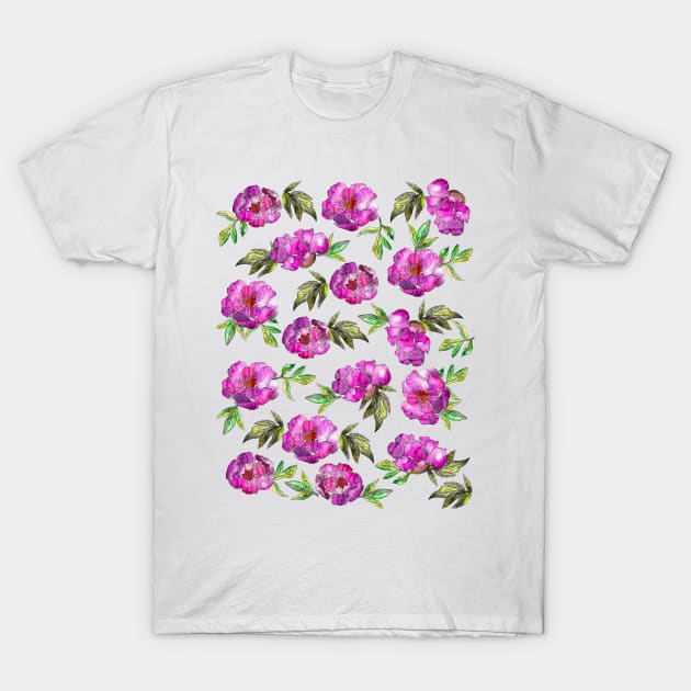 Peonies Flowers Watercolor Ink Cute Purple T-Shirt by ArtInPi